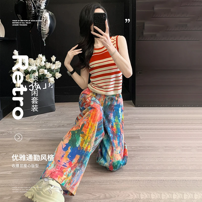 洋气炸街条纹无袖背心套装夏季显瘦直筒休闲彩绘涂鸦牛仔裤两件套
