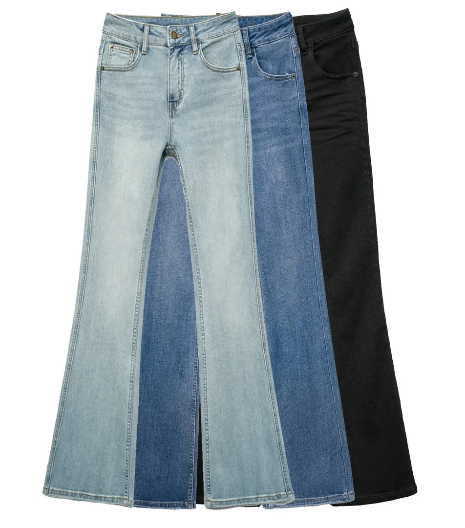 01新款浅蓝阔腿裤女装牛仔裤高腰微喇女神显瘦牛仔裤（默认微瑕）