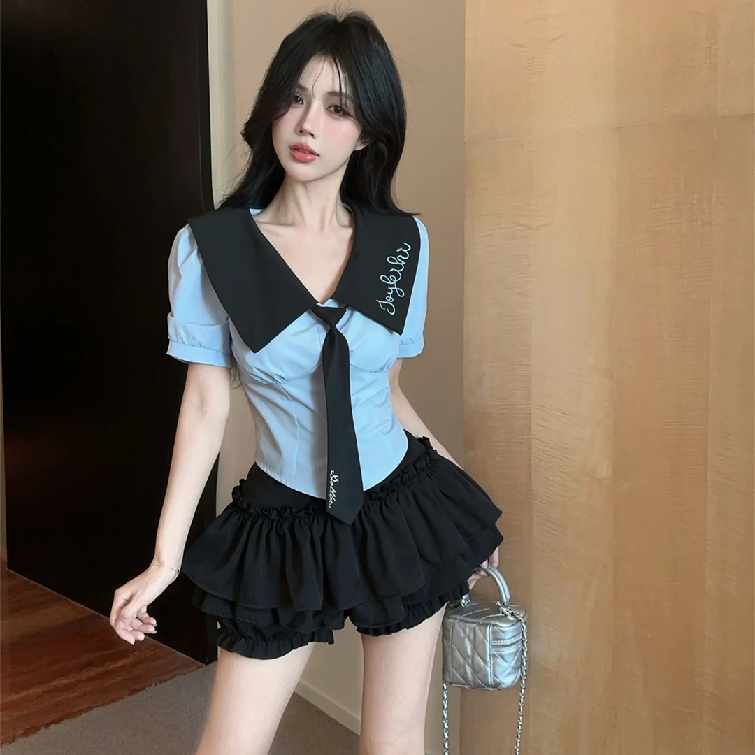 甜辣学院风jk制服两件套女秋季海军领短袖上衣高腰蛋糕半身裙套装