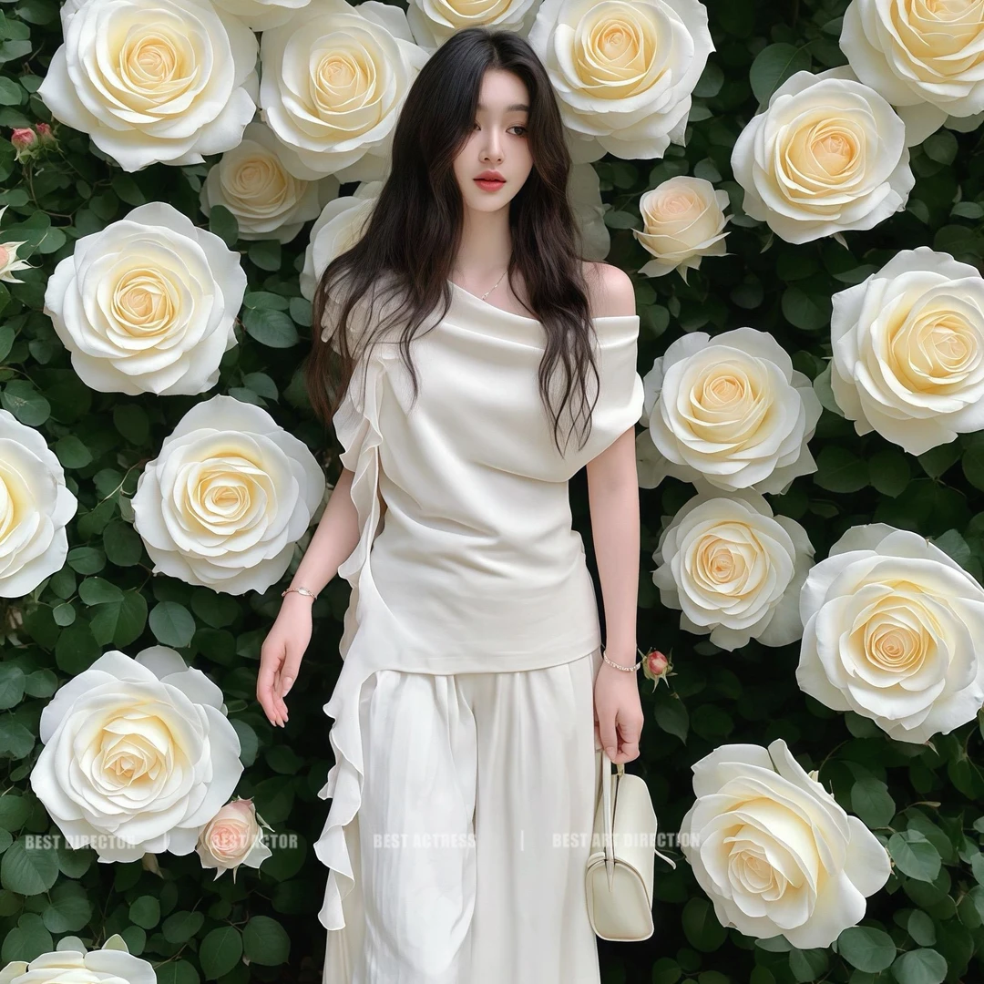 早秋穿搭一整套大码胖mm斜肩上衣阔腿裤松弛感减龄纯欲白色套装女