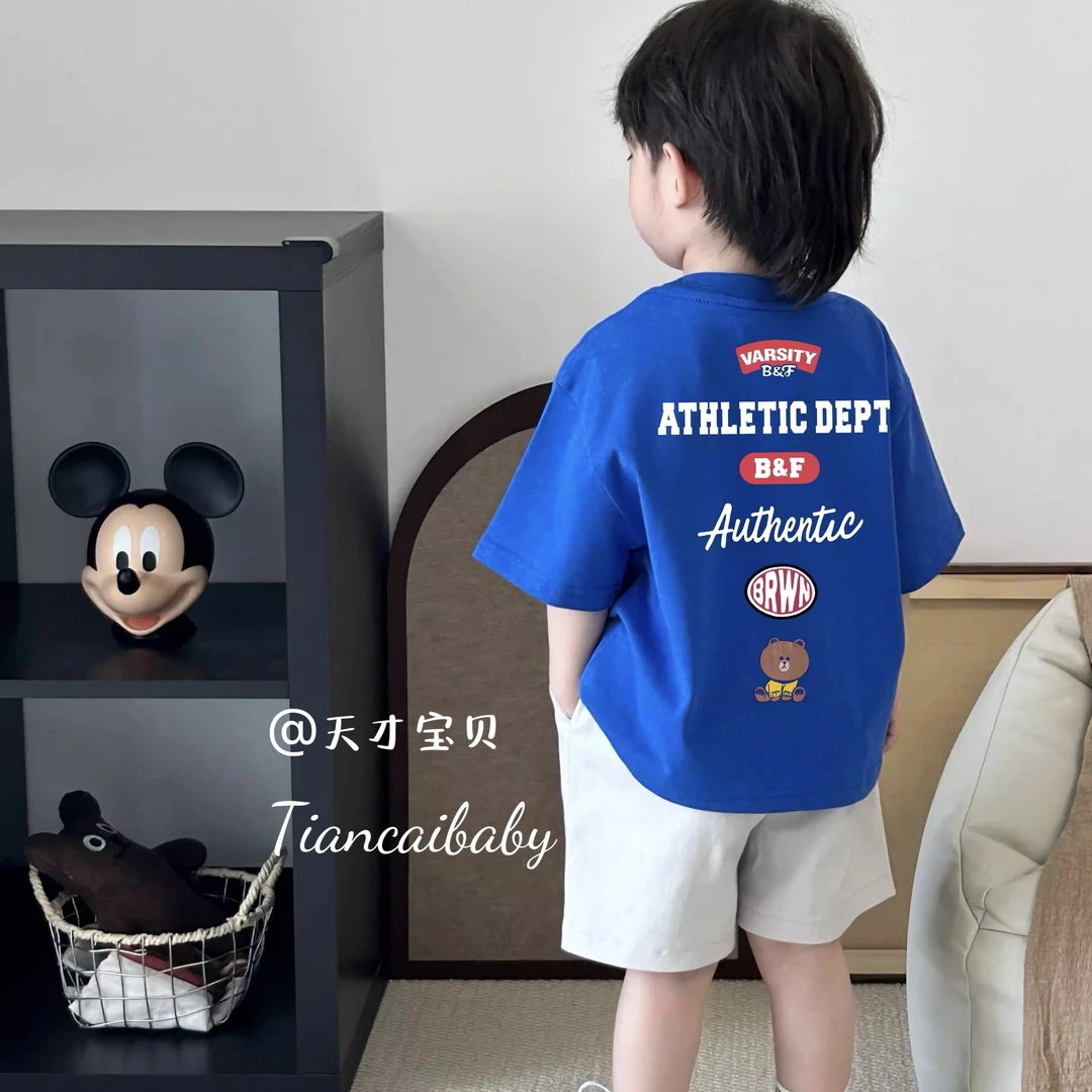 夏季款纯棉百搭男童短袖T恤潮流炸街宽松儿童半袖蓝色上衣韩版潮