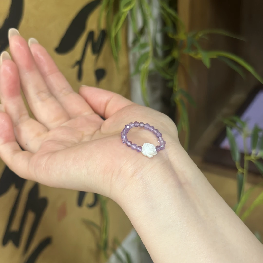 天然紫水晶白贝母戒指 纯天然紫水晶戒圈爆款 素圈高级感百搭