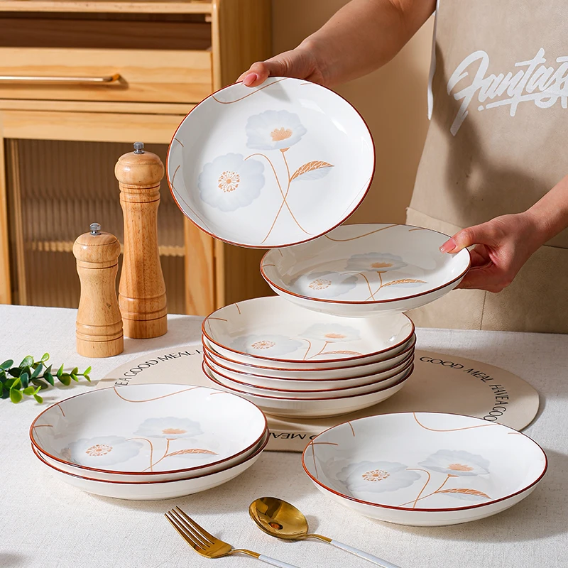 10个装菜盘子家用陶瓷新款圆深盘子炒菜凉菜碟岁月静好餐具高颜值