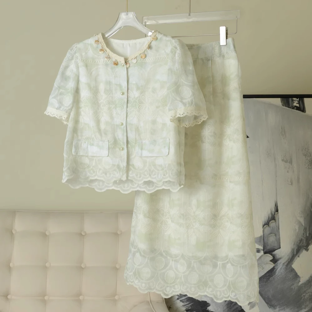 拉夏贝尔蕾丝刺绣小香风套装裙女2025夏季新款时尚洋气减龄两件套