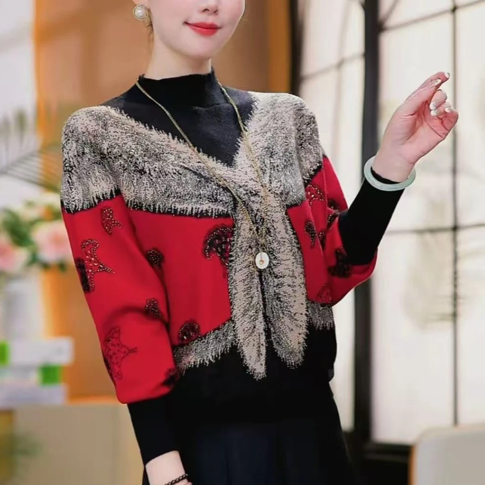 秋冬季长袖时尚提花保暖针织衫显瘦大码新款妈妈休闲减龄气质毛衣