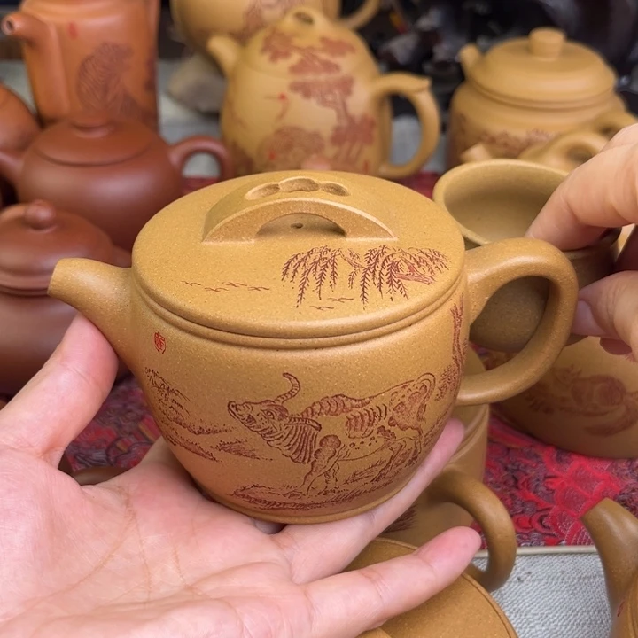 茶壶紫砂原矿黄金段刻绘汉瓦精工半手280cc