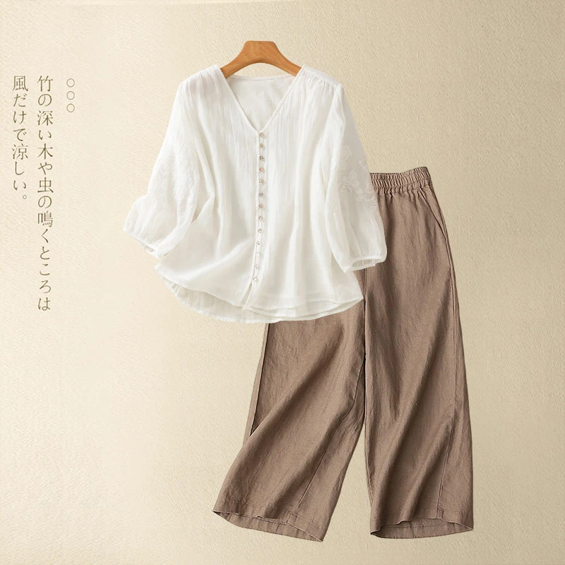 春夏季新品宽松刺绣休闲清凉开衫上衣直筒裤高腰休闲裤母亲节夏装