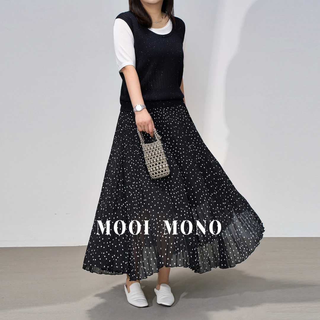 MOOI MONO"曼莎月影"显瘦时尚气质遮肉压褶橡筋波点半裙S683Z52