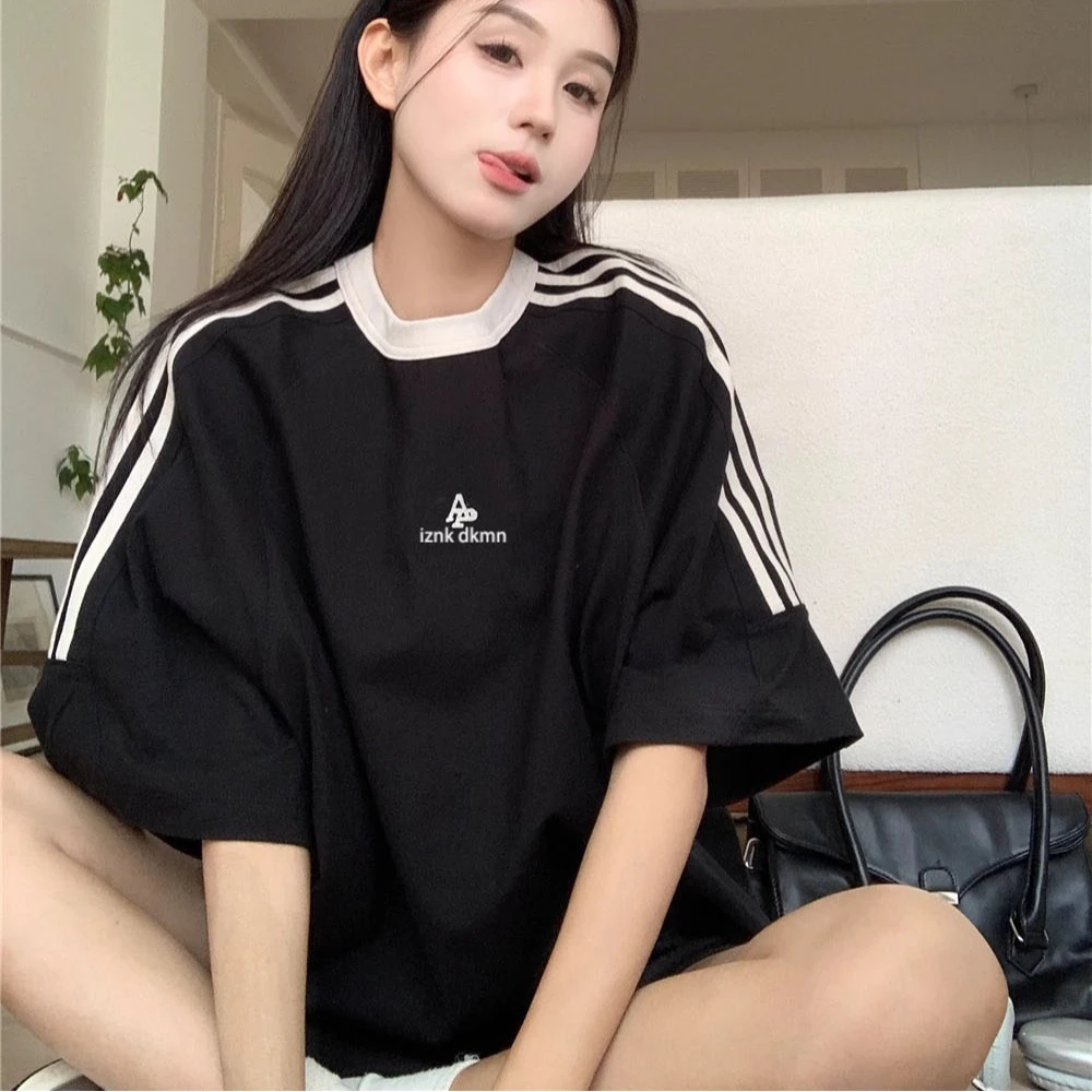 重磅美式复古条纹短袖T桖男女春夏宽松设计感圆领慵懒风情侣上衣