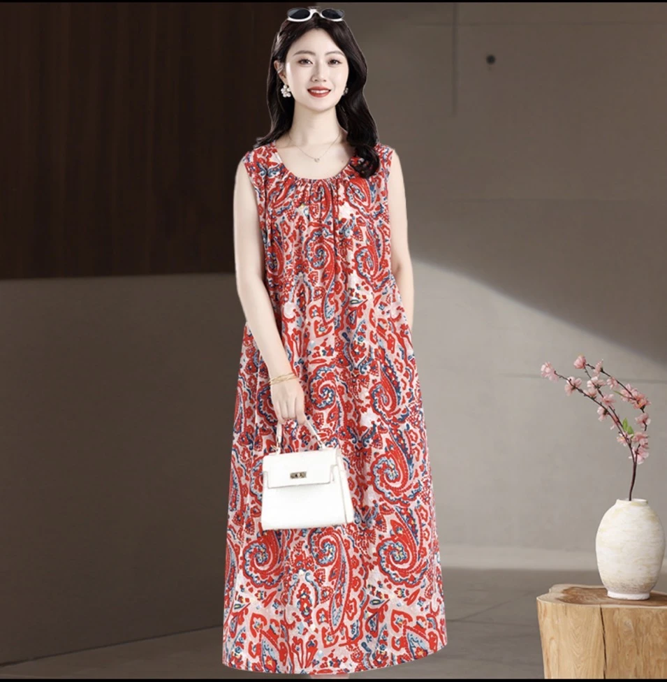 夏季新款棉绸加长中老年无袖睡裙加大加肥圆领连衣裙