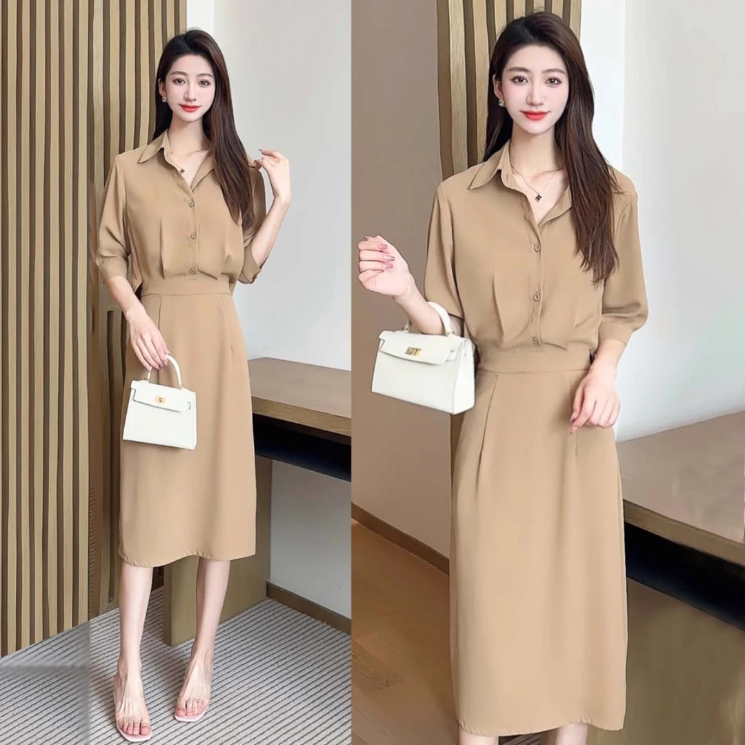 La babite 法式假两件连衣裙2025夏季新款时尚气质收腰中袖衬衫裙