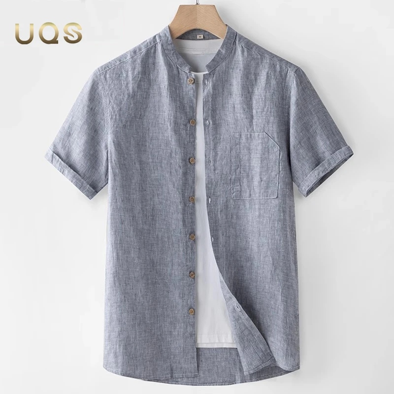 夏男士国风复古纯亚麻衬衫简约休闲日常百搭舒适亲肤透气吸汗立领