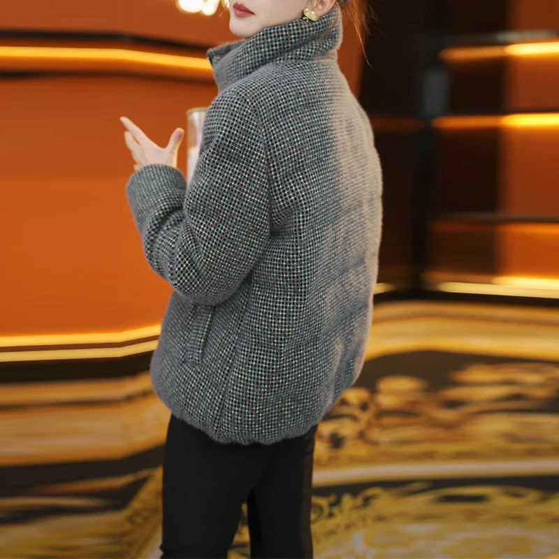 高端立领棉服加厚外套小众女装2025冬季新款妈妈装千鸟格保暖棉袄