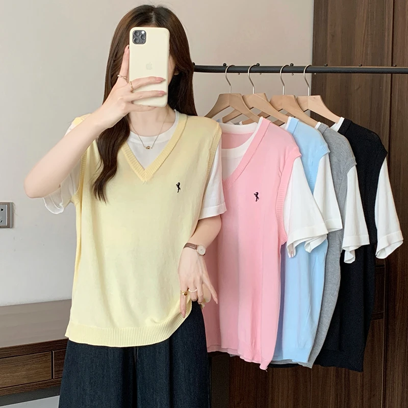 3991时尚女装2025夏装新款假两件针织上衣胖mm宽松冰丝短袖T恤衫