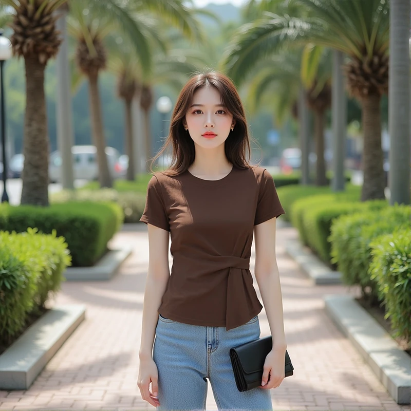 微胖女生穿搭夏季新款遮肚子藏肉上衣大码洋气休闲短袖设计感T恤