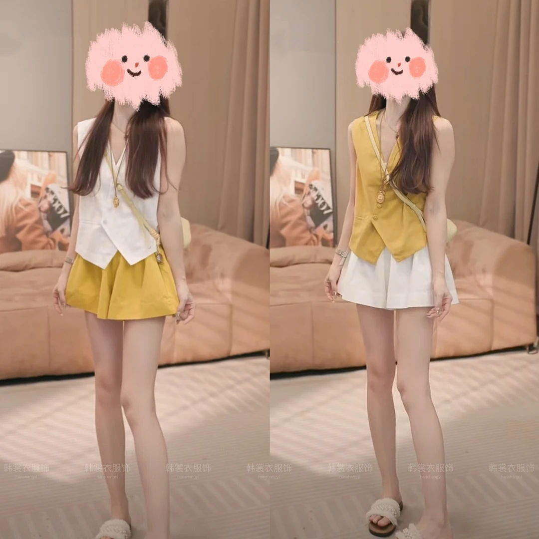 夏季新款无袖气质背心时尚百搭马甲衬衫高腰透气短裤两件套