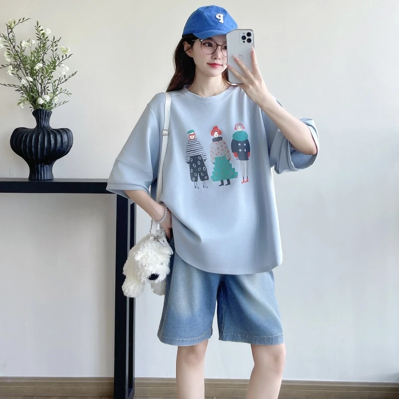 【伊伊】孕妇2025年夏季新款时尚薄款上衣短袖宽松垂感弹力印花T恤