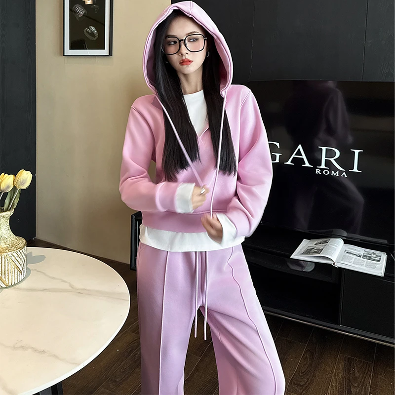 时尚运动休闲套装女装春秋新款网红宽松显瘦连帽假两件卫衣两件套