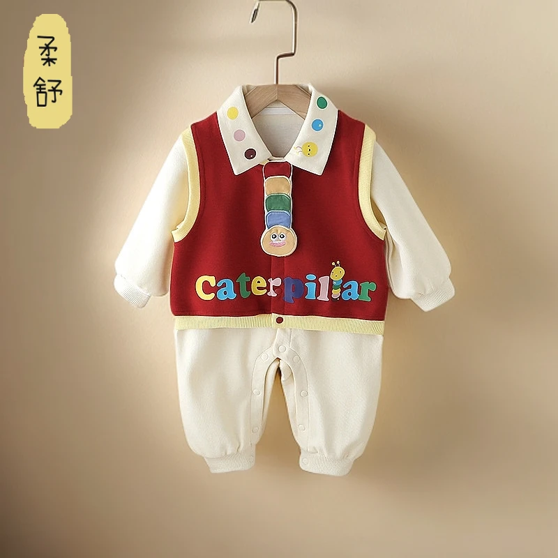 婴儿春秋连体衣男宝宝红色绅士满月百天周岁礼服新生儿爬服拍照