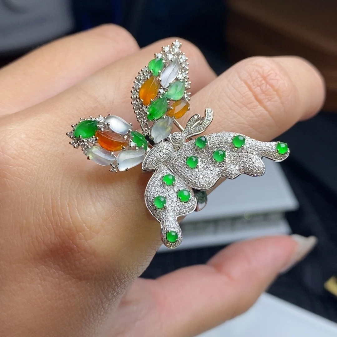 翡翠18K金镶嵌戒指多宝蝴蝶戒指吊坠胸针三用款