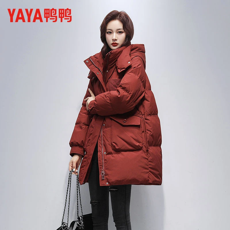 鸭鸭连帽羽绒服冬女中长款2025新款新年红色时尚丫丫鸭绒保暖外套