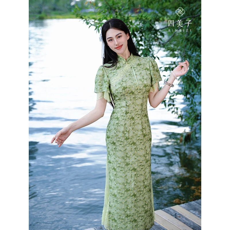 四美子【薄荷曼波】新款新中式波点印花蕾丝插片扎染旗袍裙连衣裙