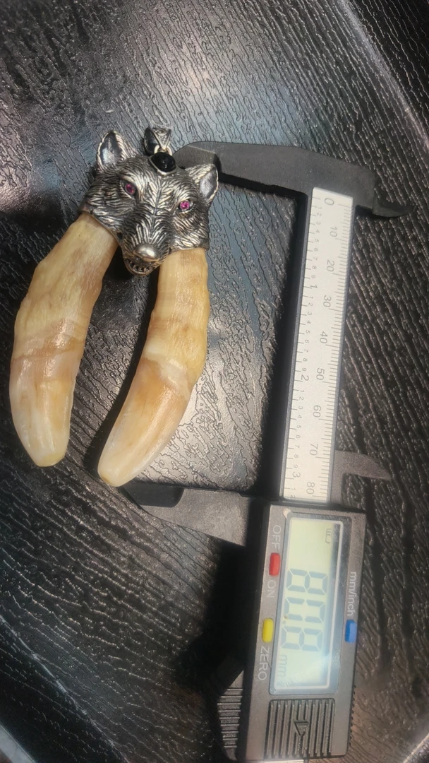铜合金珐琅吊坠 黑狗牙狼头双牙款镶嵌925银挂坠饰品