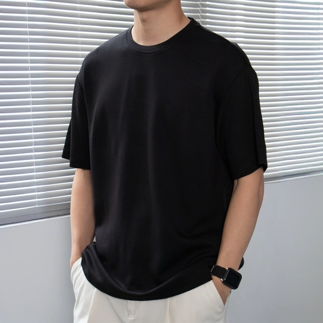 能盟夏季简约纯色高级短袖定染空气层特殊面料男打底百搭宽松T恤