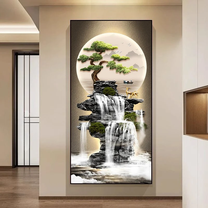 流水生财玄关装饰画走廊过道挂画新中式迎客松入户山水画发光灯画