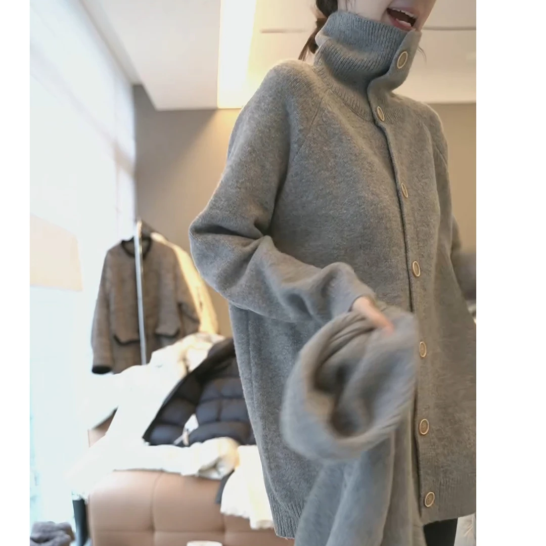 【冰岛恋人】新冬高级感小立领显瘦休闲时尚加厚毛衣开衫LK2501111