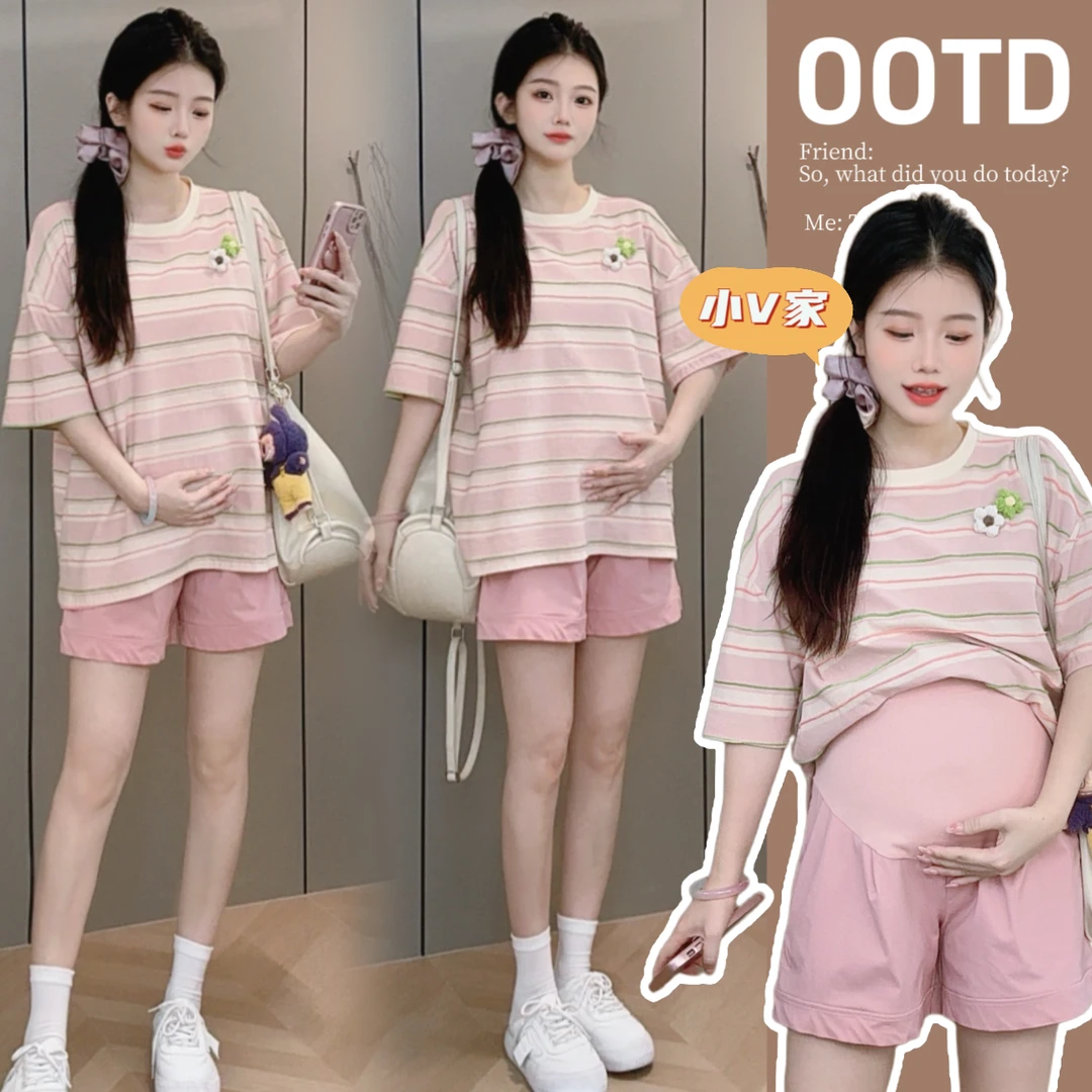 A0211#  孕妇新款上衣立体花朵条纹短袖