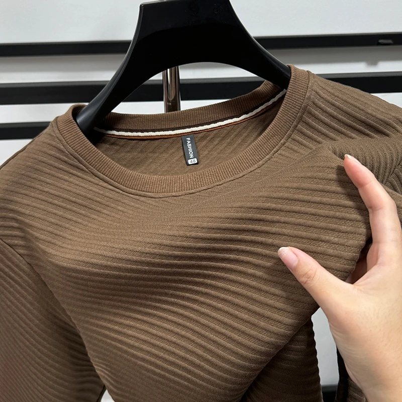 CATIA SELI秋冬横条加厚卫衣男百搭套头纯色T恤潮流宽松简约长袖