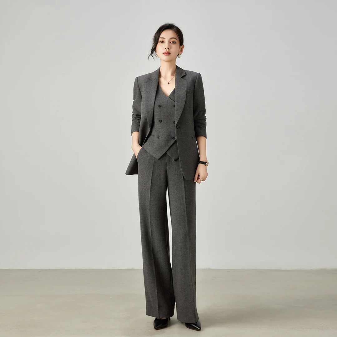 冬季厚款深灰色干练职业西装套装正装西服直筒裤商务工作装三件套