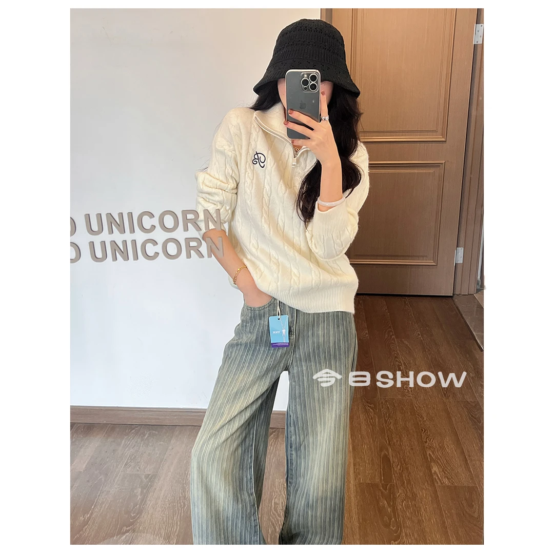 初秋美式ins定制提花风复古痞帅风水洗牛仔阔腿裤女拖地老钱风