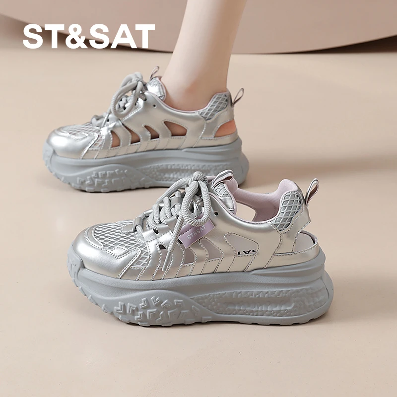星期六镂空洞洞鞋女士2025新款夏季透气女鞋轻便厚底增高运动鞋子