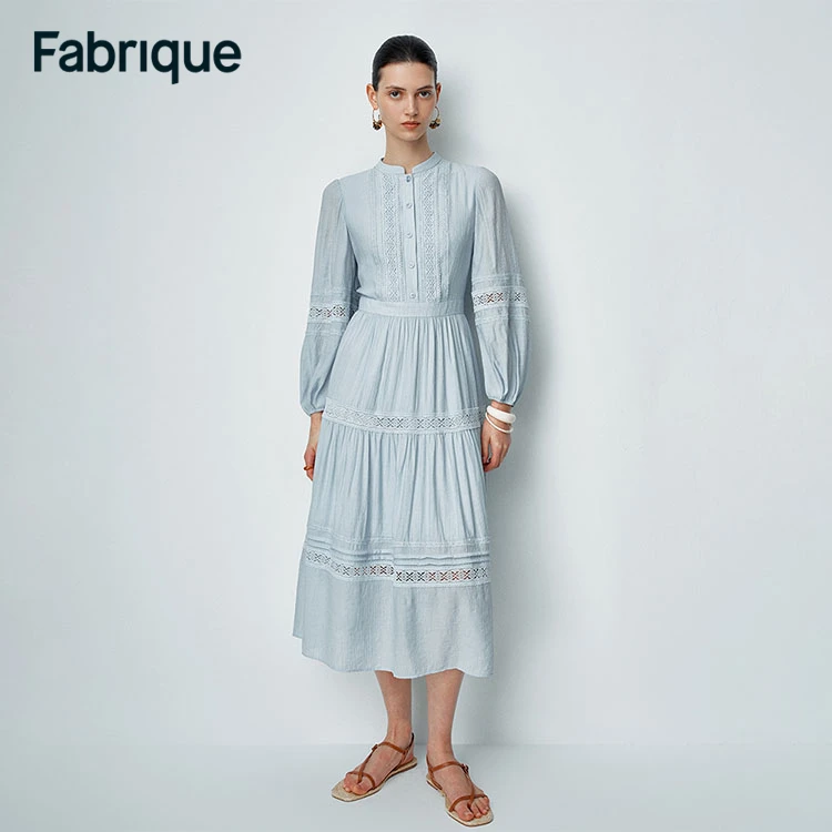 Fabrique【波嬉风】春夏新款雾蓝色蕾丝织带泡泡袖浪漫仙女连衣裙