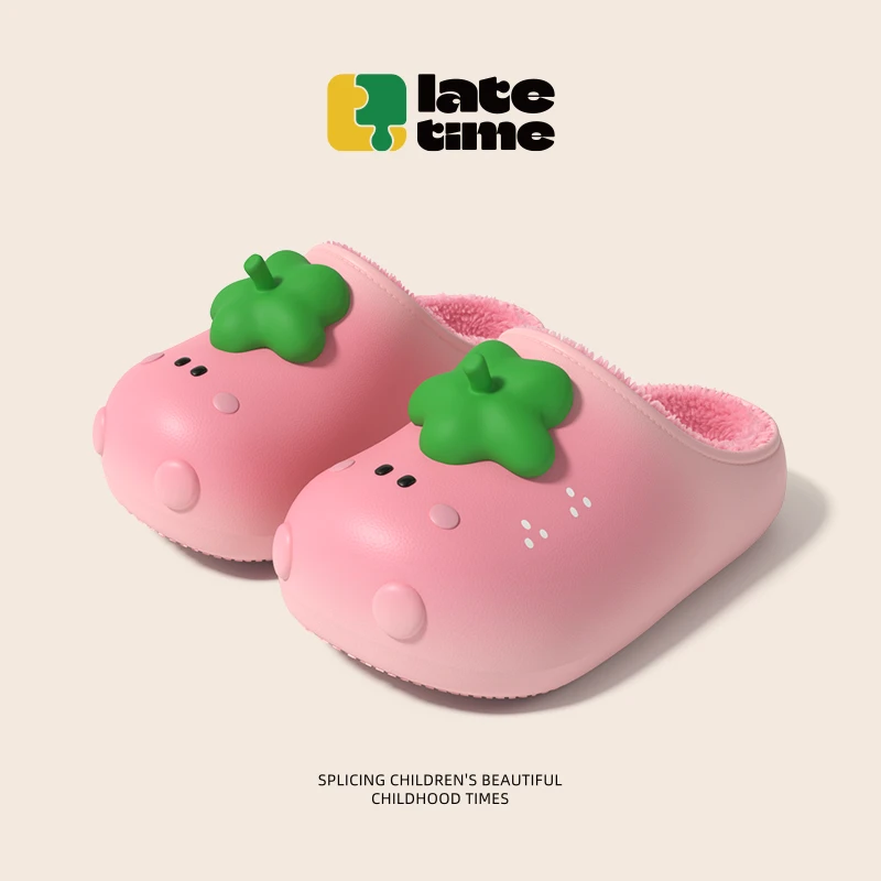 可爱草莓儿童棉拖鞋女童冬季居家保暖防水防滑外穿毛绒亲子拖鞋男