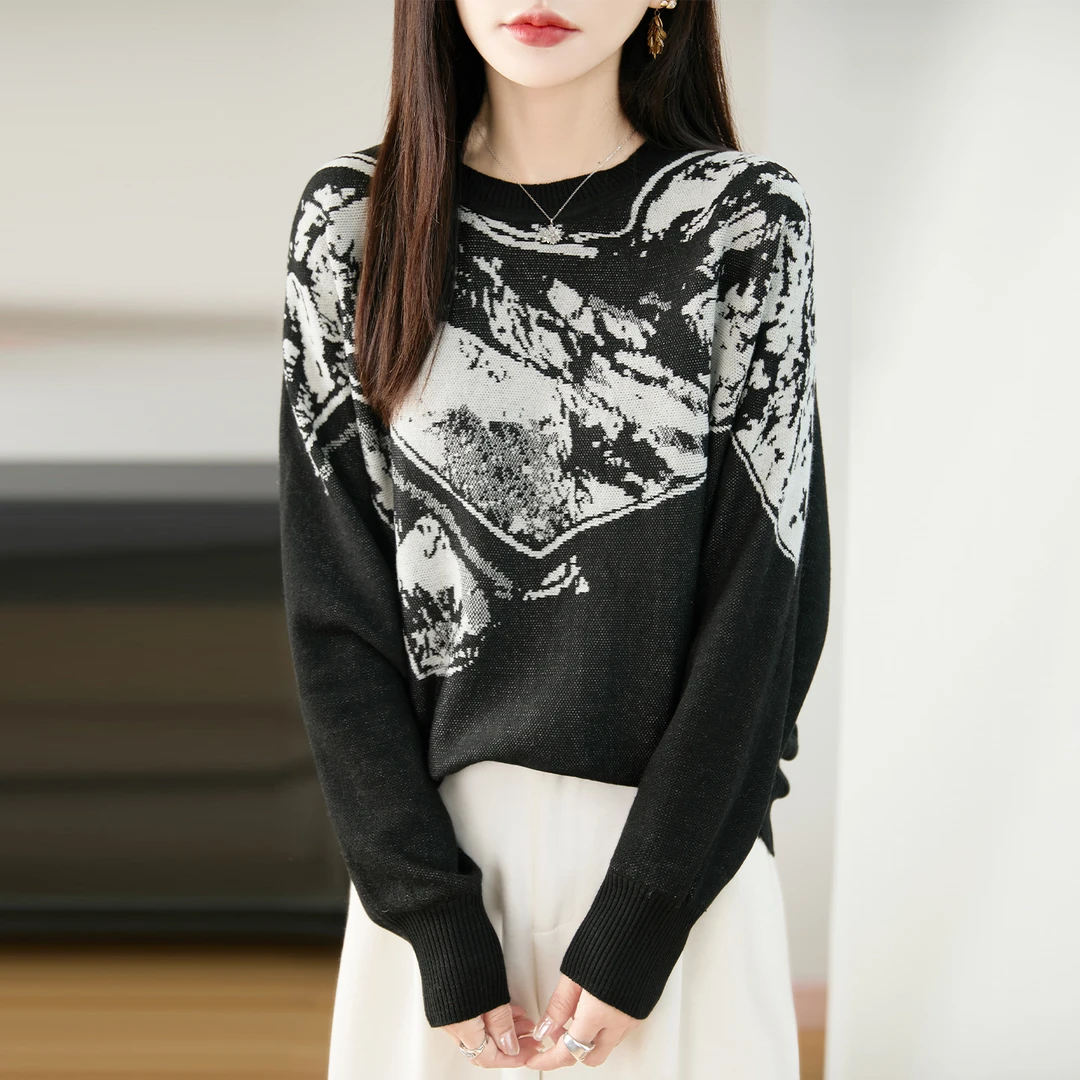 品牌春秋圆领提花蝙蝠袖羊毛针织衫秋季复古水墨风百搭打底毛衣