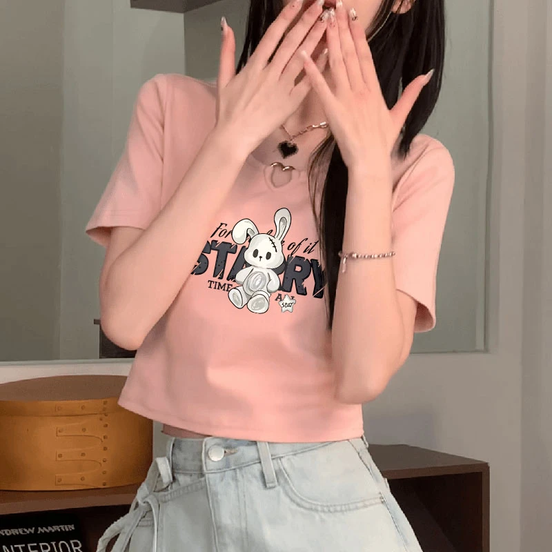 正肩显瘦t恤女短袖夏季甜辣风修身短款小衫设计感小个子别致上衣