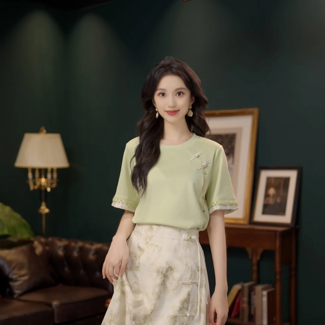 琦琦【青木写雨】甜美休闲百搭小众短袖女夏季上衣YF1102602