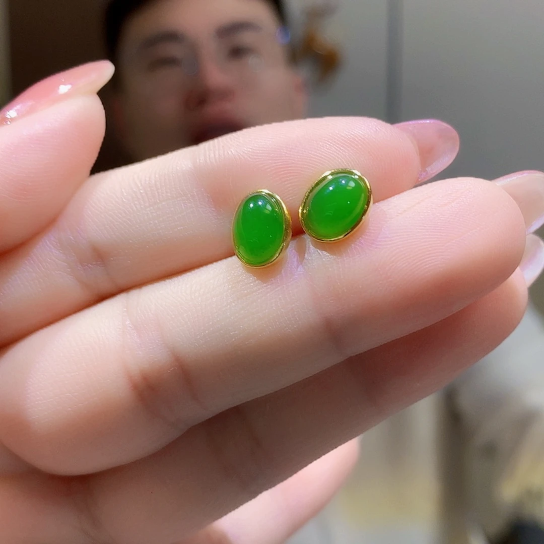 银S925镀金镶嵌和田玉（碧玉）耳饰