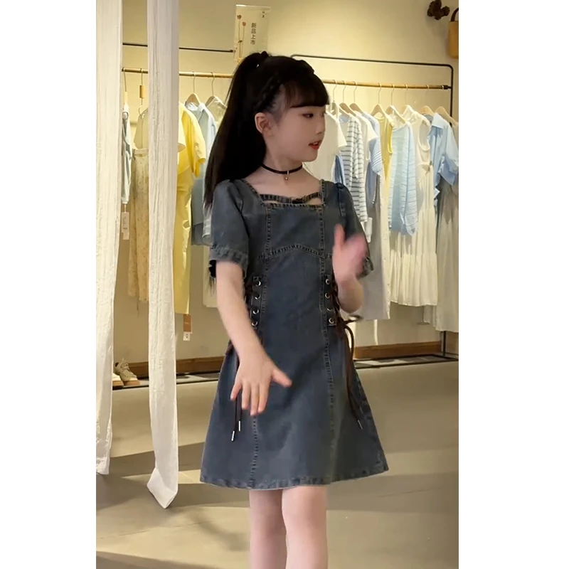 女童裙子夏装2025新款爆款儿童法式短袖中大童韩版显瘦收腰牛仔裙