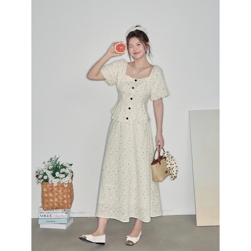 现货~夏大大 大码法式套装波点显瘦百搭上衣半身裙D825A07156