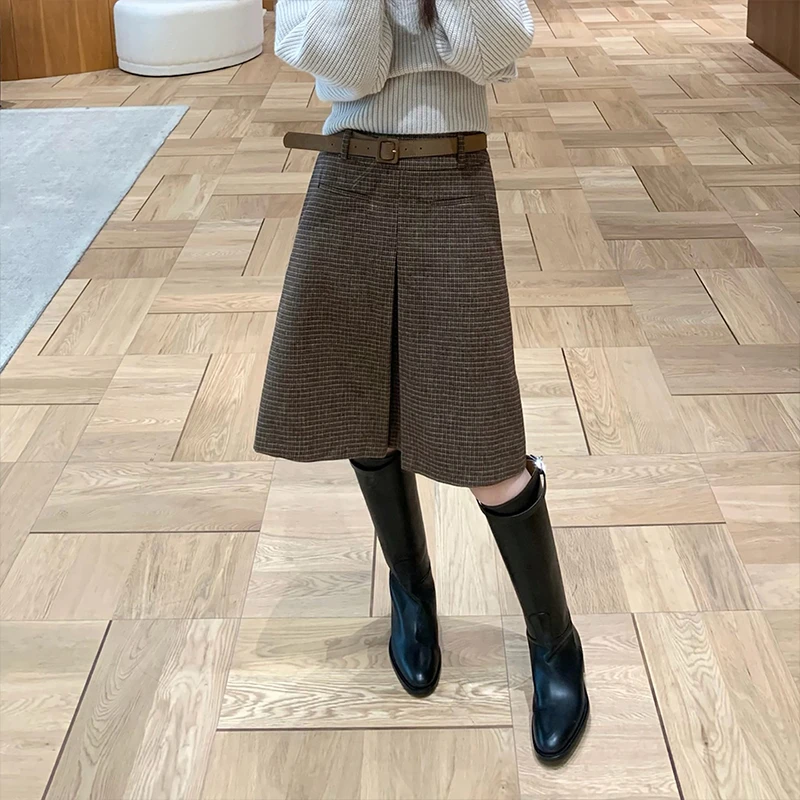 复古文艺格子半身裙女冬季新款时尚小众宽松遮胯显瘦A字中长裙