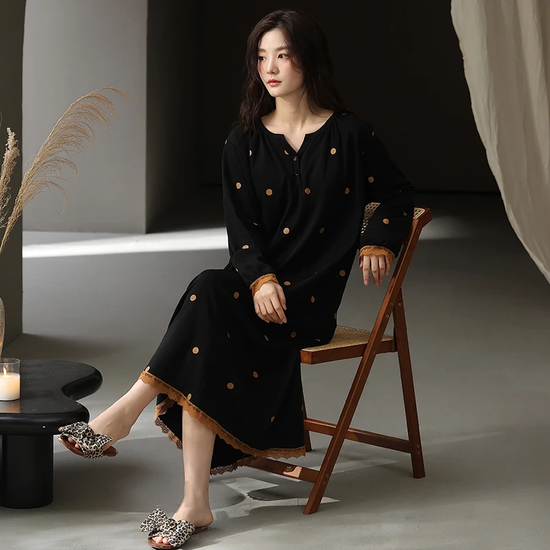 JODEBENFOT约蒂宾弗睡裙女春秋季纯棉长袖长裙波点睡衣带胸垫外穿