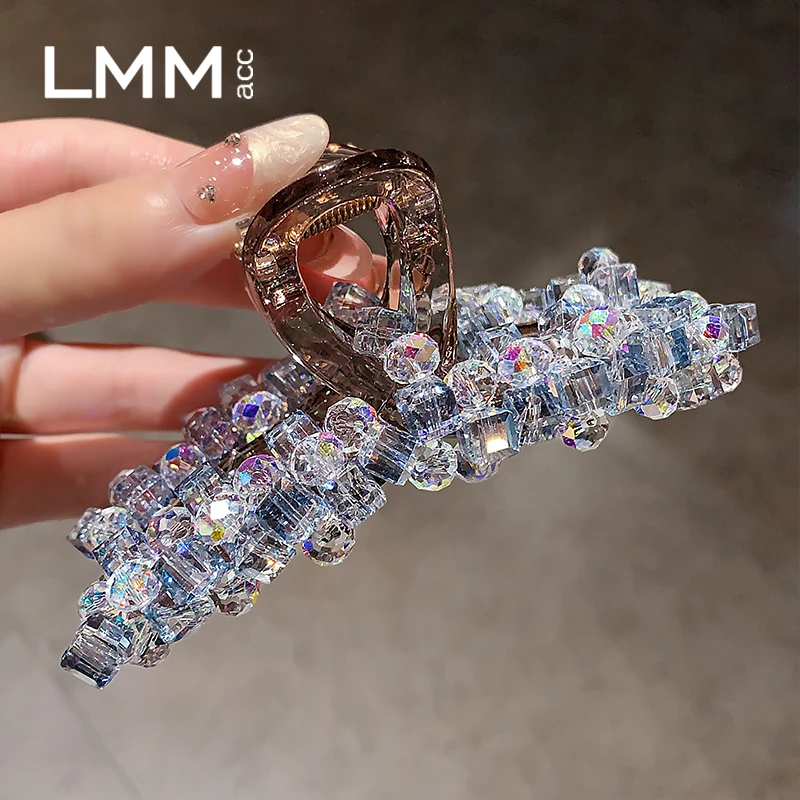 精致超闪蓝色水晶鲨鱼夹气质重工百搭头饰2025新款后脑勺盘发夹子