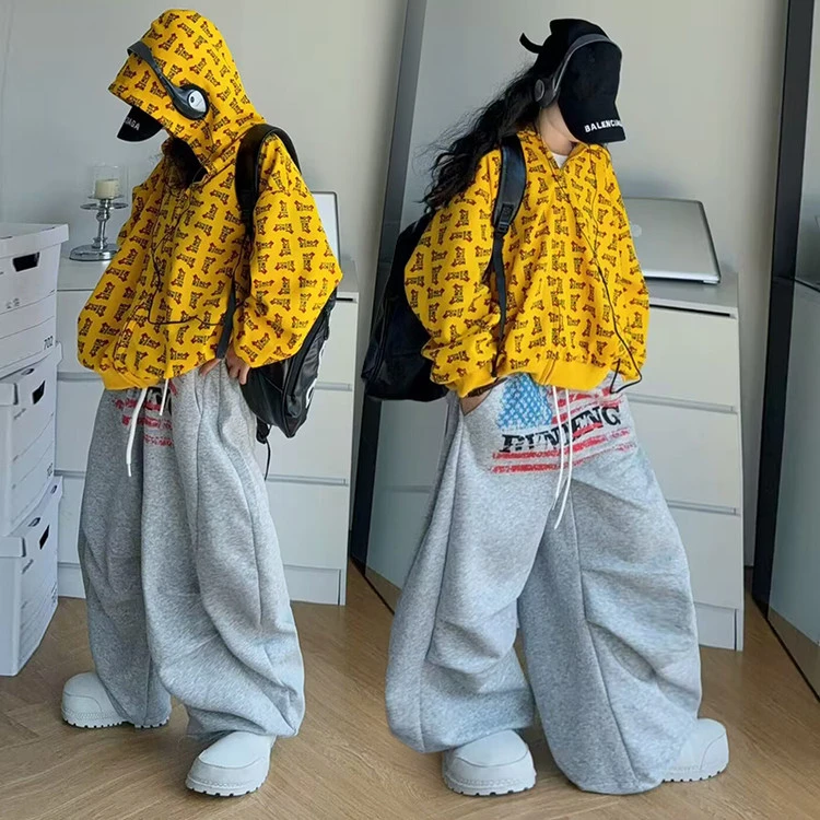 女童美式复古休闲连帽卫衣外套弯刀裤套装2025新款洋气中大童学生