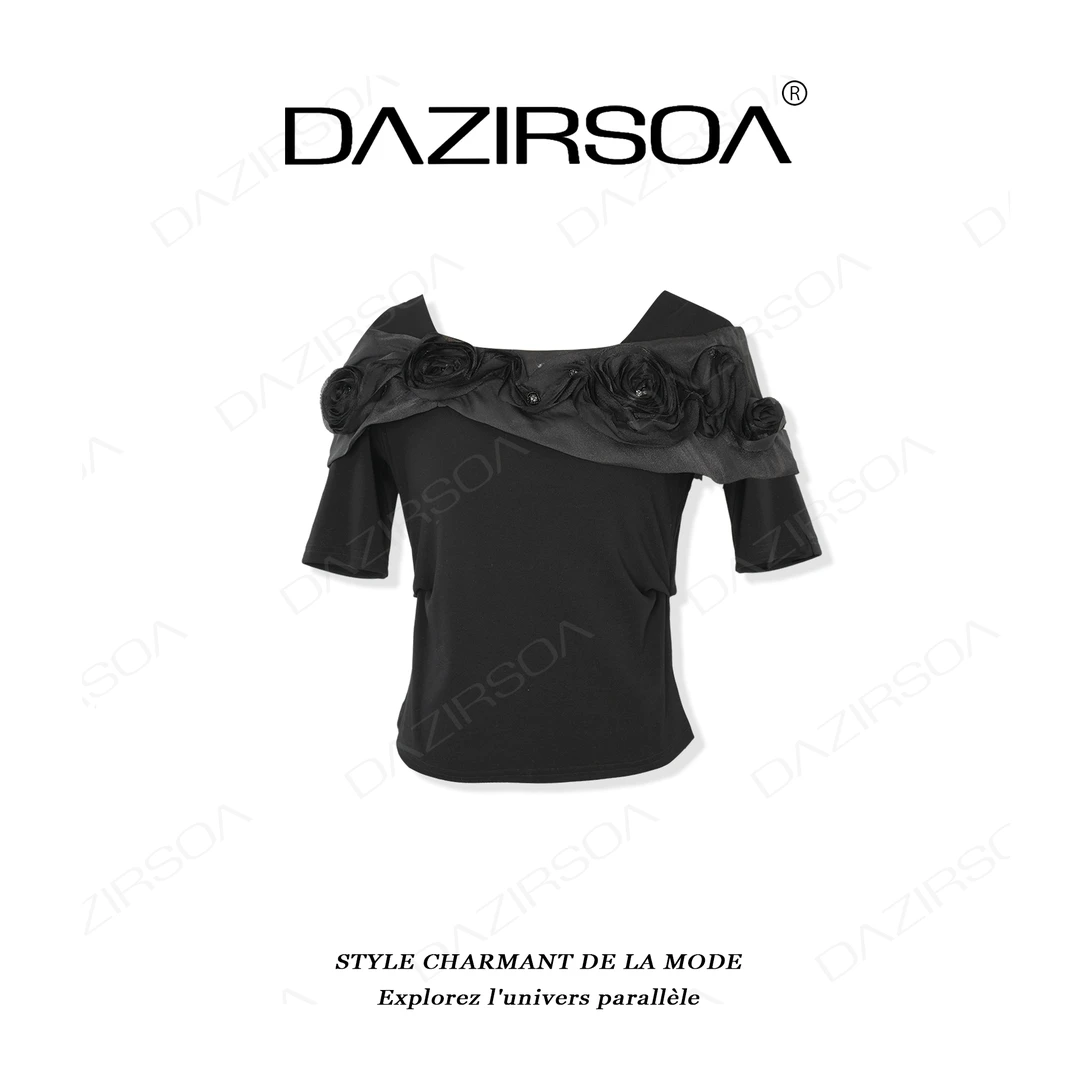 DAZIRSOA/达姿“舒适频道”时尚百搭拼接玫瑰花洋气短袖上衣 X185