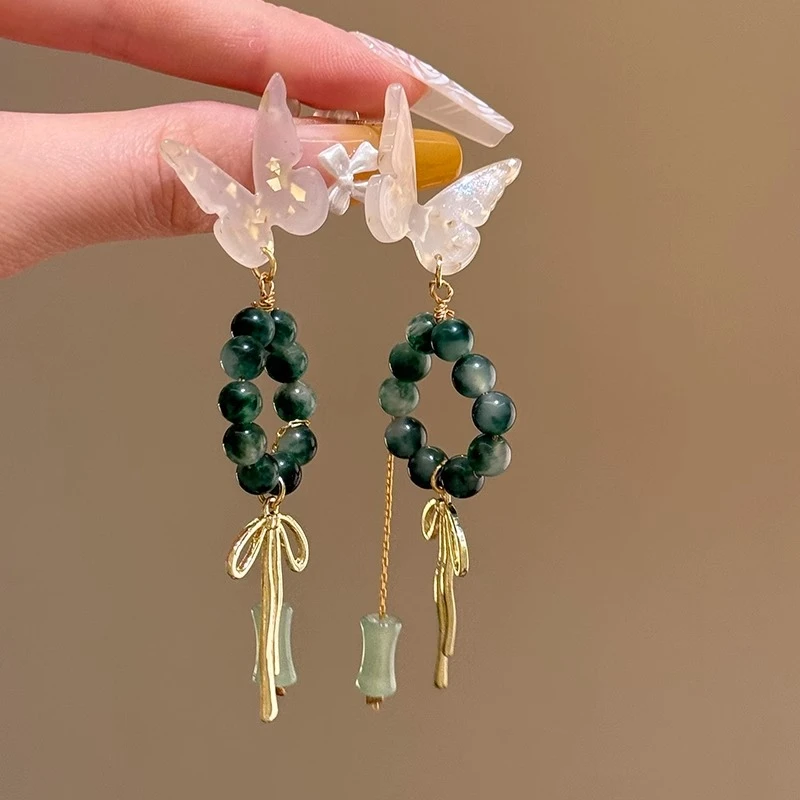 合金耳饰 烟雨江南~新中式蝴蝶耳环串珠耳饰小众高级旗袍耳钉配饰