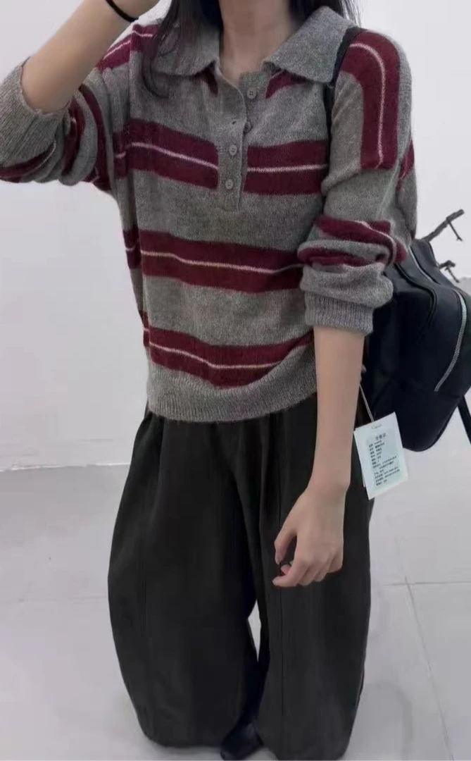 Manmi   撞色条纹织物Polo毛衣  710（C3）